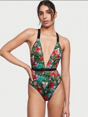 Victoria's Secret One Piece Rhinestone Strap Crossback Floral Swimsuit XL